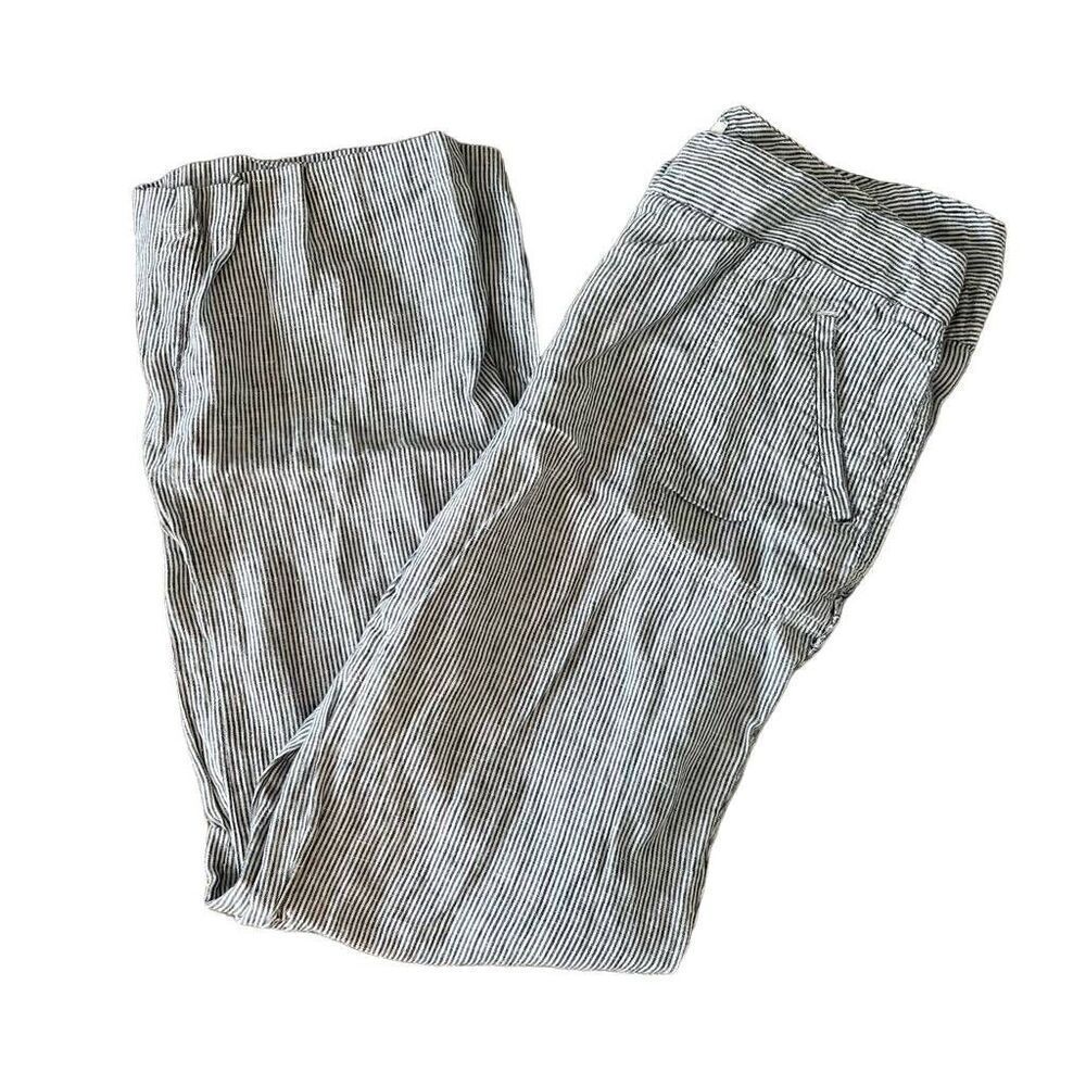 Chico's Chino Pants Women's Size 0 Gray Striped 100% Linen Casual Slash Pockets
